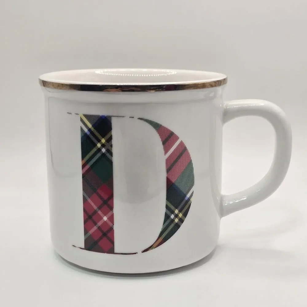 POTTERY BARN STEWART PLAID (D) INITIAL COFFEE MUG